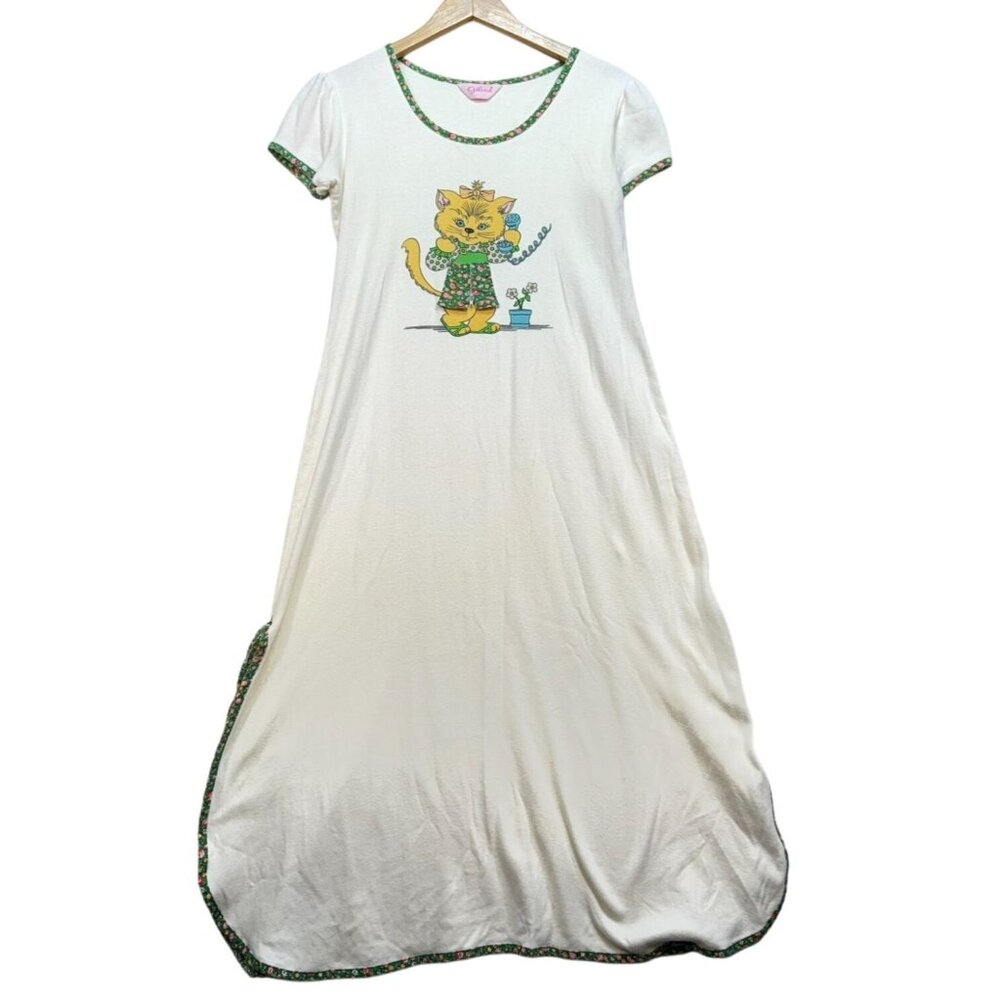 Vintage Gilead Girls Nightgown Ivory Floral Trim & Cat Design